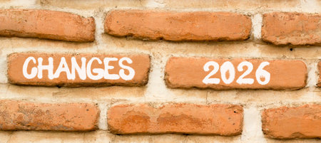Changes 2026 symbol. Concept words Changes 2026 on beautiful brown brick wall. Beautiful brown brick...