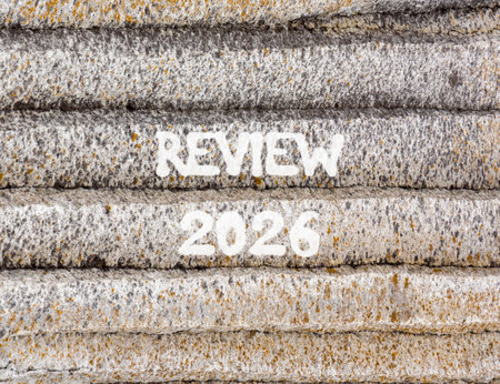 Review 2026 symbol. Concept words Review 2026 on beautiful gray mountain wall. Beautiful gray...