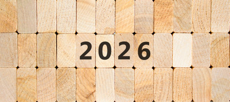 Business concept of 2026 new year symbol. Concept number 2026 Happy new year on beautiful wooden...