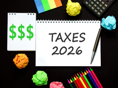 Taxes 2026 new year symbol. Concept words Taxes 2026 on beautiful white note. Beautiful black paper...
