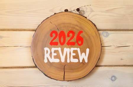 2026 Review symbol. Concept words 2026 Review on beautiful wooden circle. Beautiful wooden wall...