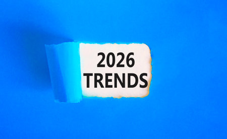 2026 Trends new year symbol. Concept words 2026 Trends on beautiful white paper. Beautiful blue paper background. Business and 2026 Trends new year concept. Copy space.の写真素材
