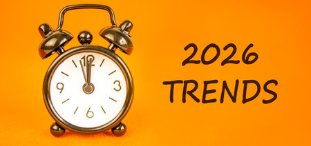 2026 Trends new year symbol. Concept words 2026 Trends on beautiful orange paper. Beautiful orange...