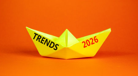 Trends 2026 new year symbol. Concept words Trends 2026 on beautiful yellow paper boat. Beautiful orange paper background. Business and Trends 2026 new year concept. Copy space.の写真素材