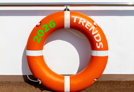 2026 Trends new year symbol. Concept words 2026 Trends on beautiful orange lifebuoy. Beautiful white...