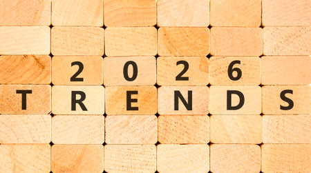 2026 Trends new year symbol. Concept words 2026 Trends on beautiful wooden blocks wall. Beautiful wooden blocks wall background. Business and 2026 Trends new year concept. Copy space.の写真素材