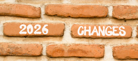 2026 Changes symbol. Concept words 2026 Changes on beautiful brown brick wall. Beautiful brown brick...