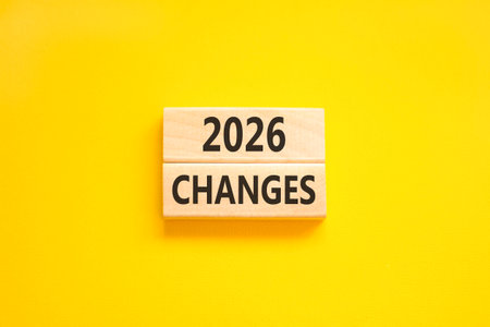 2026 Changes symbol. Concept words 2026 Changes on beautiful wooden blocks. Beautiful yellow paper...