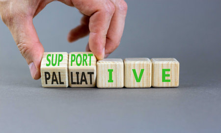 Palliative or supportive therapy symbol. Concept words Palliative to Supportive on beautiful wooden...