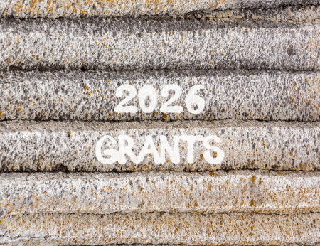 2026 Grants symbol. Concept words 2026 Grants on beautiful gray mountain wall. Beautiful gray...