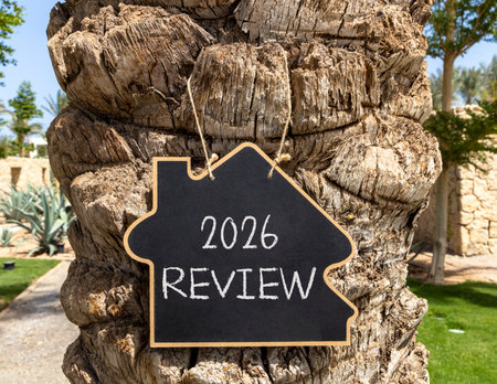 2026 Review symbol. Concept words 2026 Review on beautiful black blackboard. Beautiful palm tree...