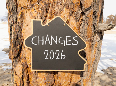 Changes 2026 symbol. Concept words Changes 2026 on beautiful black blackboard. Beautiful old tree...