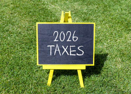 2026 taxes new year symbol. Concept words 2026 taxes on beautiful black blackboard. Beautiful green...