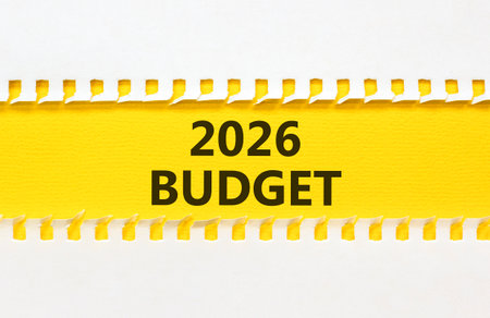 2026 Budget symbol. Concept words 2026 Budget on beautiful yellow paper. Beautiful white paper background. Business and 2026 budget concept. Copy space.の写真素材