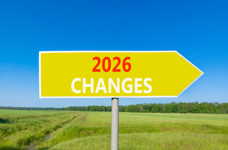2026 Changes symbol. Concept words 2026 Changes on beautiful yellow road sign. Beautiful green grass...