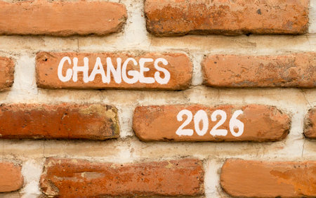Changes 2026 symbol. Concept words Changes 2026 on beautiful brown brick wall. Beautiful brown brick wall background. Business and changes 2026 concept. Copy space.の写真素材
