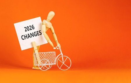 2026 Changes symbol. Concept words 2026 Changes on beautiful white card. Beautiful orange paper background. Businessman's model. Business and 2026 changes concept. Copy space.の写真素材