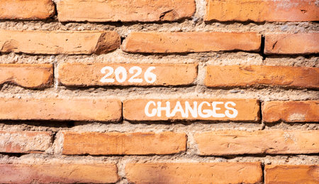 2026 Changes symbol. Concept words 2026 Changes on beautiful brown brick wall. Beautiful brown brick wall background. Business and 2026 changes concept. Copy space.の写真素材