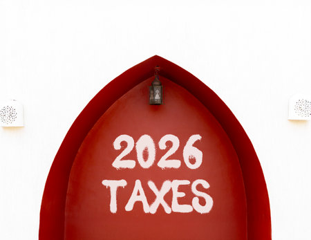 2026 taxes new year symbol. Concept words 2026 taxes on beautiful white and red wall. Beautiful white and red wall background. Business and 2026 taxes new year concept. Copy space.の写真素材