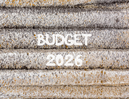 Budget 2026 symbol. Concept words Budget 2026 on beautiful gray mountain wall. Beautiful gray mountain wall background. Business and budget 2026 concept. Copy space.の写真素材