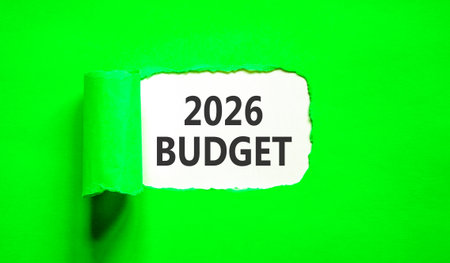 2026 Budget symbol. Concept words 2026 Budget on beautiful white paper. Beautiful green paper background. Business and 2026 budget concept. Copy space.の写真素材