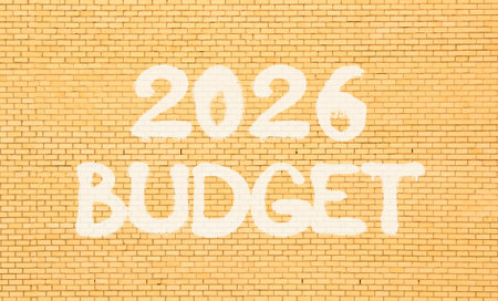 2026 Budget symbol. Concept words 2026 Budget on beautiful old brown brick wall. Beautiful old brown brick wall background. Business and 2026 budget concept. Copy space.の写真素材