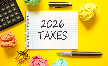 2026 taxes new year symbol. Concept words 2026 taxes on beautiful white note. Beautiful yellow paper...