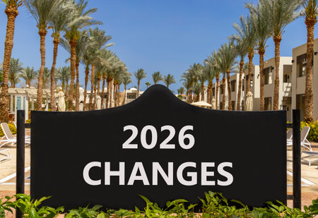 2026 Changes symbol. Concept words 2026 Changes on beautiful black road sign. Beautiful palm trees...
