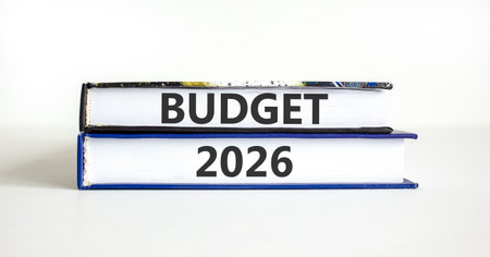 Budget 2026 symbol. Concept words Budget 2026 on beautiful books. Beautiful white paper background....
