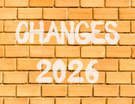 Changes 2026 symbol. Concept words Changes 2026 on beautiful old brown brick wall. Beautiful old brown brick wall background. Business and changes 2026 concept. Copy space.の写真素材