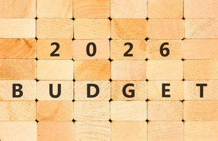 2026 Budget symbol. Concept words 2026 Budget on beautiful wooden blocks wall. Beautiful wooden blocks wall background. Business and 2026 budget concept. Copy space.の写真素材