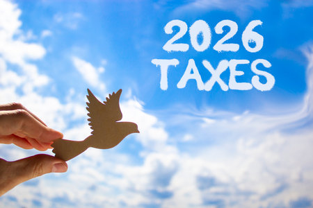 2026 taxes new year symbol. Concept words 2026 taxes on beautiful blue sky. Beautiful blue sky background. Businessman's hand holds wooden bird. Business and 2026 taxes new year concept. Copy space.の写真素材