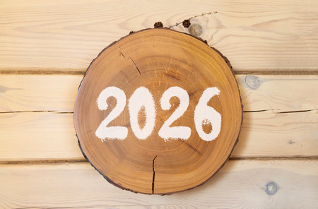 Business concept of 2026 new year symbol. Concept number 2026 Happy new year on beautiful wooden circle. Beautiful wooden wall background. Business 2026 happy new year concept. Copy space.の写真素材