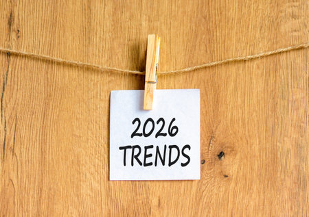 2026 Trends new year symbol. Concept words 2026 Trends on beautiful white paper on wooden...