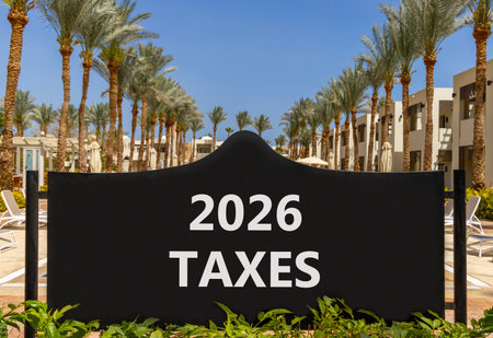 2026 taxes new year symbol. Concept words 2026 taxes on beautiful black road sign. Beautiful palm...