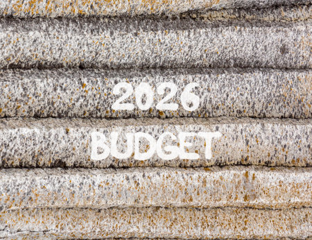 2026 Budget symbol. Concept words 2026 Budget on beautiful gray mountain wall. Beautiful gray mountain wall background. Business and 2026 budget concept. Copy space.の写真素材