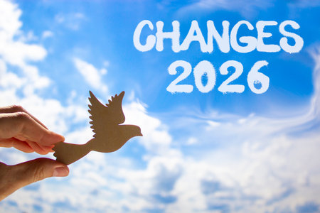 Changes 2026 symbol. Concept words Changes 2026 on beautiful blue sky. Beautiful blue sky background. Businessman's hand holds wooden bird. Business and changes 2026 concept. Copy space.の写真素材