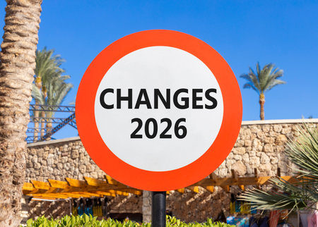 Changes 2026 symbol. Concept words Changes 2026 on beautiful white and red road sign. Beautiful palm trees palm-trees and blue sky background. Business and changes 2026 concept. Copy space.の写真素材