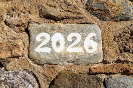 Business concept of 2026 new year symbol. Concept number 2026 Happy new year on beautiful gray stone...