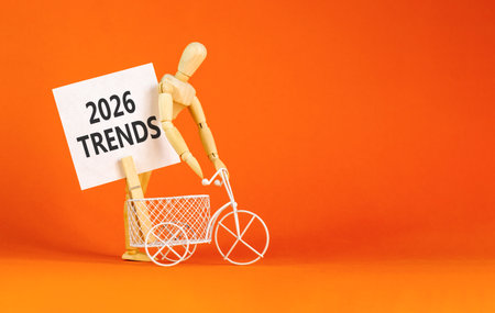 2026 Trends new year symbol. Concept words 2026 Trends on beautiful white card. Beautiful orange...