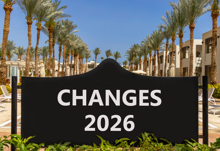 Changes 2026 symbol. Concept words Changes 2026 on beautiful black road sign. Beautiful palm trees palm-trees and blue sky background. Business and changes 2026 concept. Copy space.の写真素材