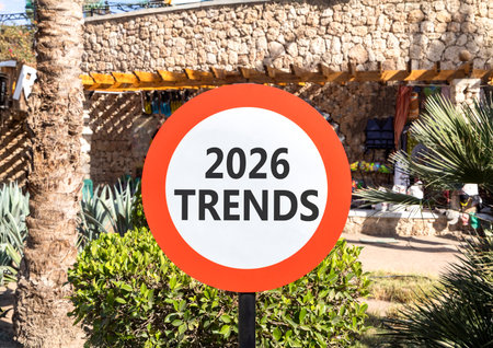 2026 Trends new year symbol. Concept words 2026 Trends on beautiful white and red road sign....
