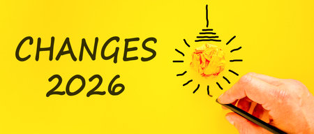 Changes 2026 symbol. Concept words Changes 2026 on beautiful yellow paper. Beautiful orange paper...