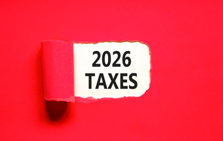 2026 taxes new year symbol. Concept words 2026 taxes on beautiful white paper. Beautiful red paper...