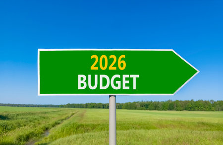 2026 Budget symbol. Concept words 2026 Budget on beautiful green road sign. Beautiful green grass...