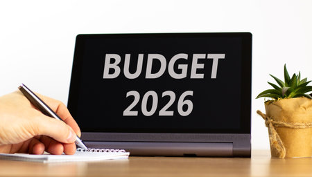 Budget 2026 symbol. Concept words Budget 2026 on beautiful black tablet screen. Beautiful white...