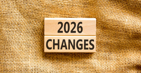 2026 Changes symbol. Concept words 2026 Changes on beautiful wooden blocks. Beautiful canvas background. Business and 2026 changes concept. Copy space.の写真素材