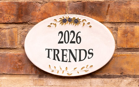2026 Trends new year symbol. Concept words 2026 Trends on beautiful white sign. Beautiful old brown...
