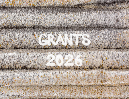 Grants 2026 symbol. Concept words Grants 2026 on beautiful gray mountain wall. Beautiful gray...