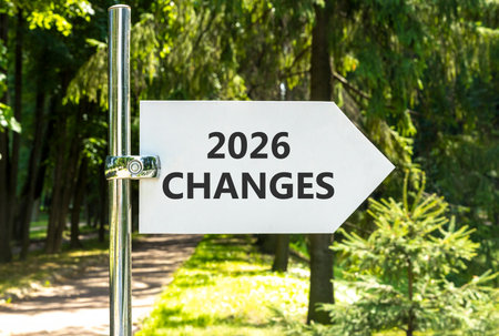 2026 Changes symbol. Concept words 2026 Changes on beautiful white road sign. Beautiful summer green forest garden background. Business and 2026 changes concept. Copy space.の写真素材